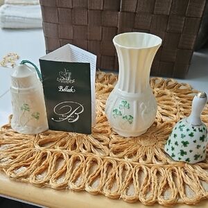 Belleek Cream and Green Porcelain Vase And Bell. Sm Bell Is From Taiwan.